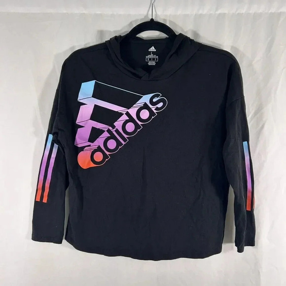 ADIDAS Hoodie Girls 14 Large Black Graphic Cropped Long Sleeve Loose Pullover - Picture 1 of 9